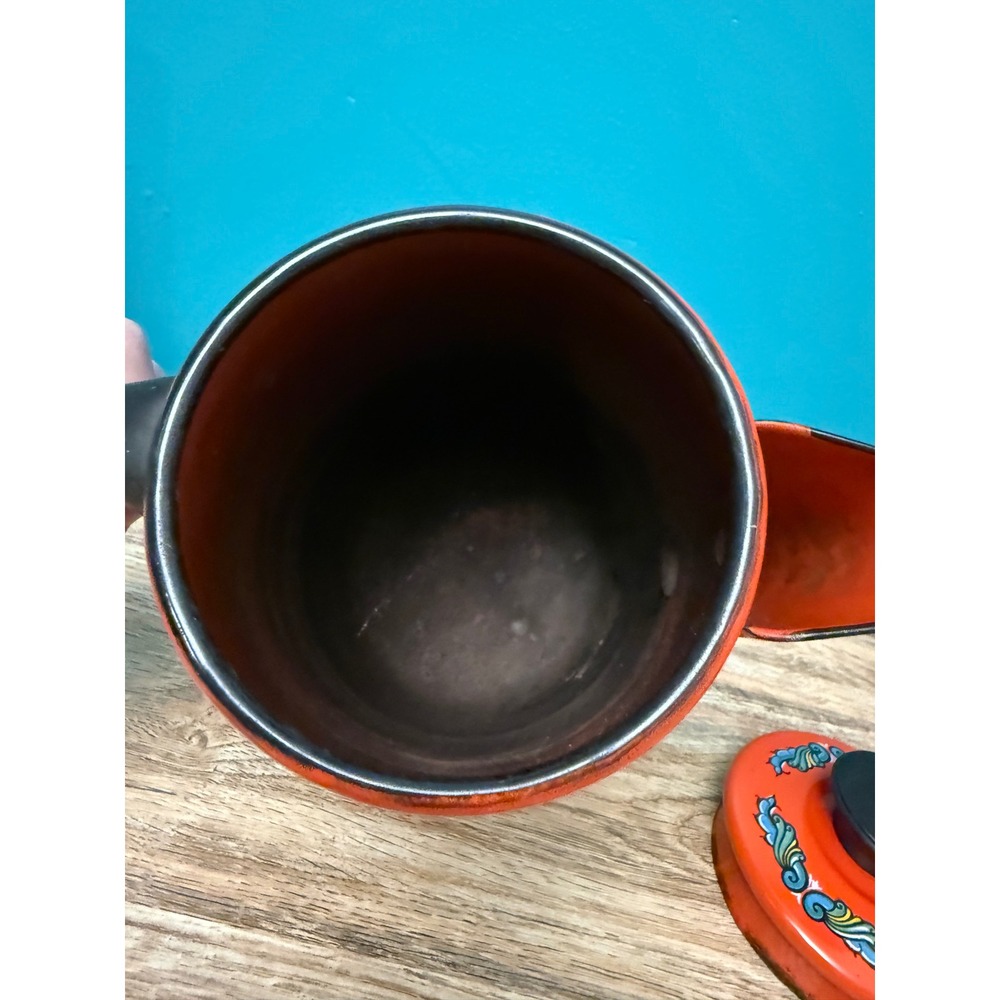 Scandinavian Vintage Coffee Pot Orange Floral Enamelware Retro Boho MCM Carafe - Picture 6 of 8